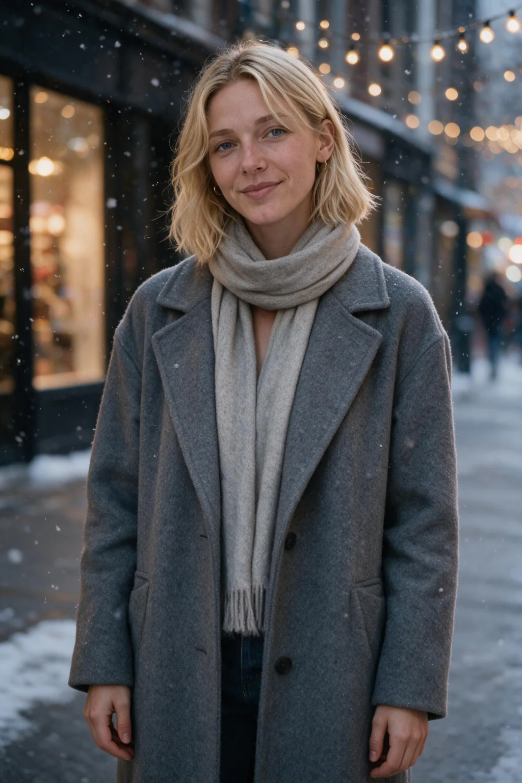 AI Christmas photo: a snowy street at dusk under holiday string lights, generated from one selfie