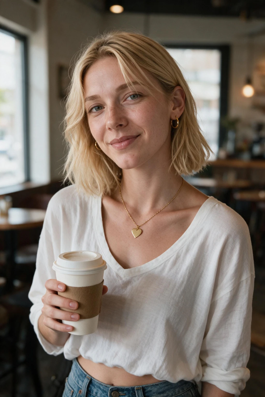 AI dating profile photo for Bumble: a coffee shop date portrait, generated from one selfie