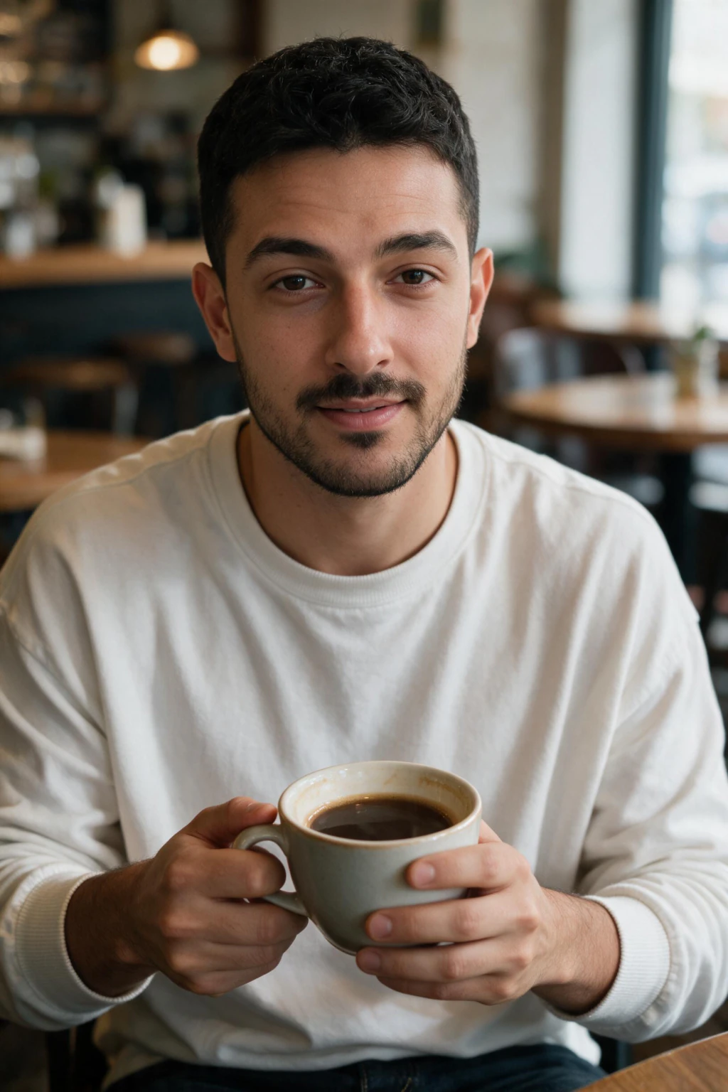 AI dating profile photo for Tinder: a coffee shop date portrait, generated from one selfie