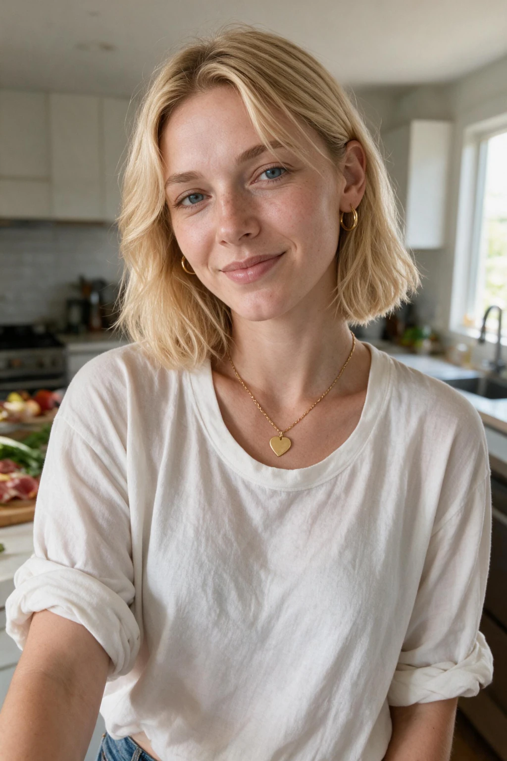 AI dating photo of a candid kitchen scene, an example of a generated photo that still matches the person