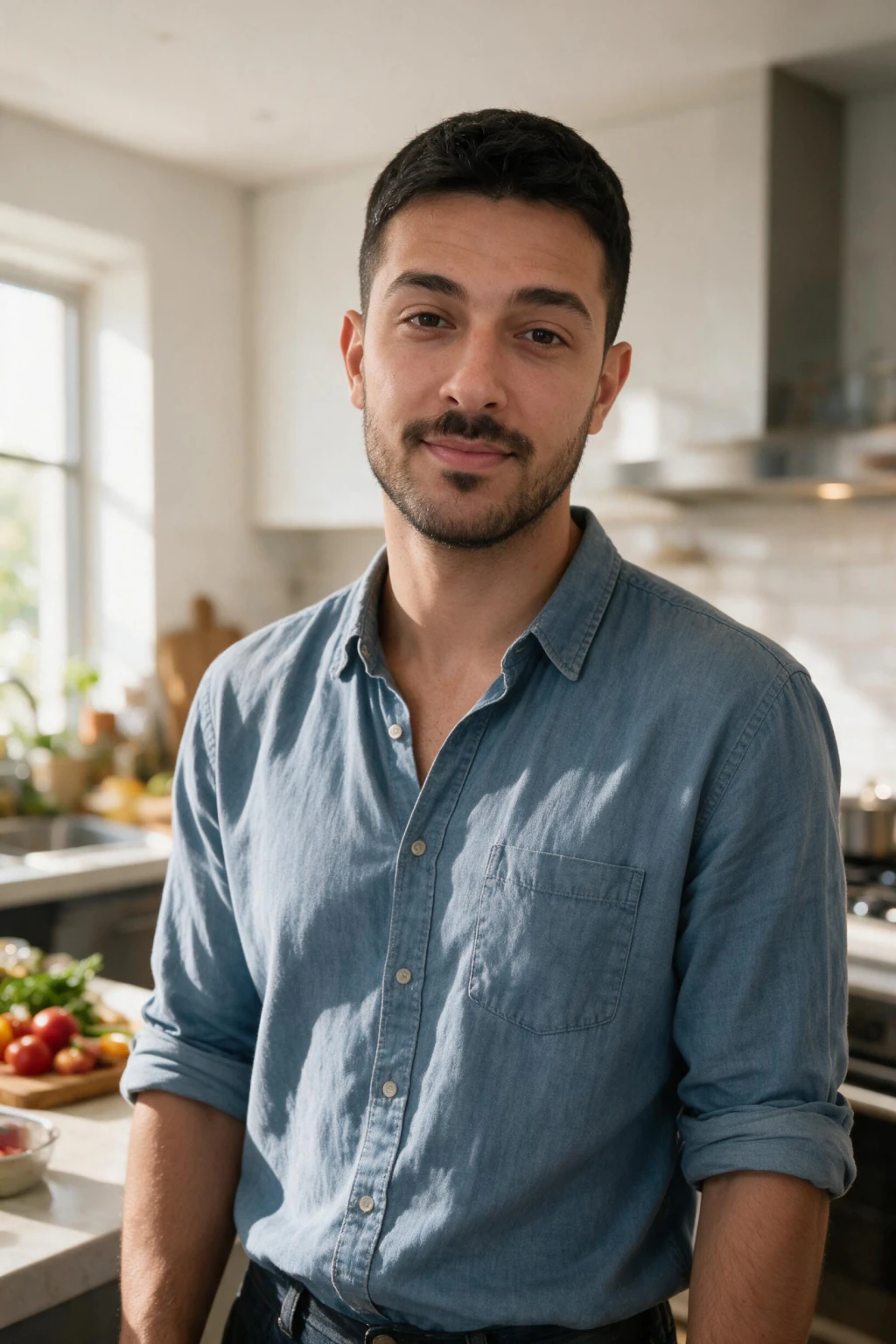 AI dating profile photo for Hinge: a candid kitchen shot while cooking, generated from one selfie