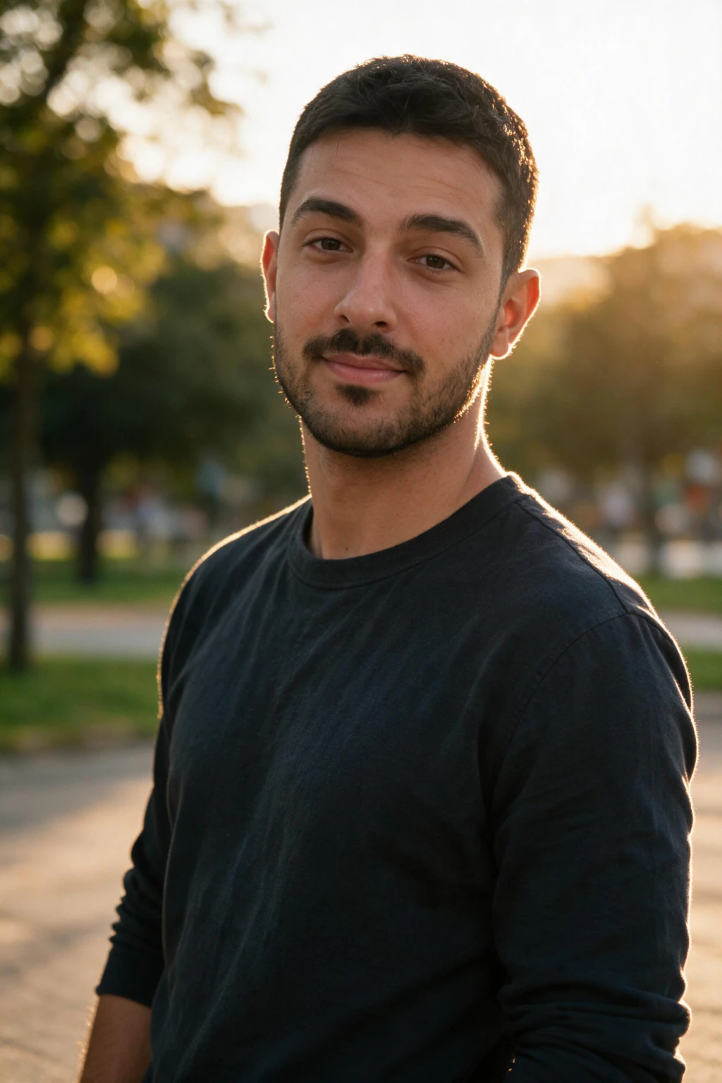 AI dating profile photo for Bumble: a golden hour outdoor portrait, generated from one selfie