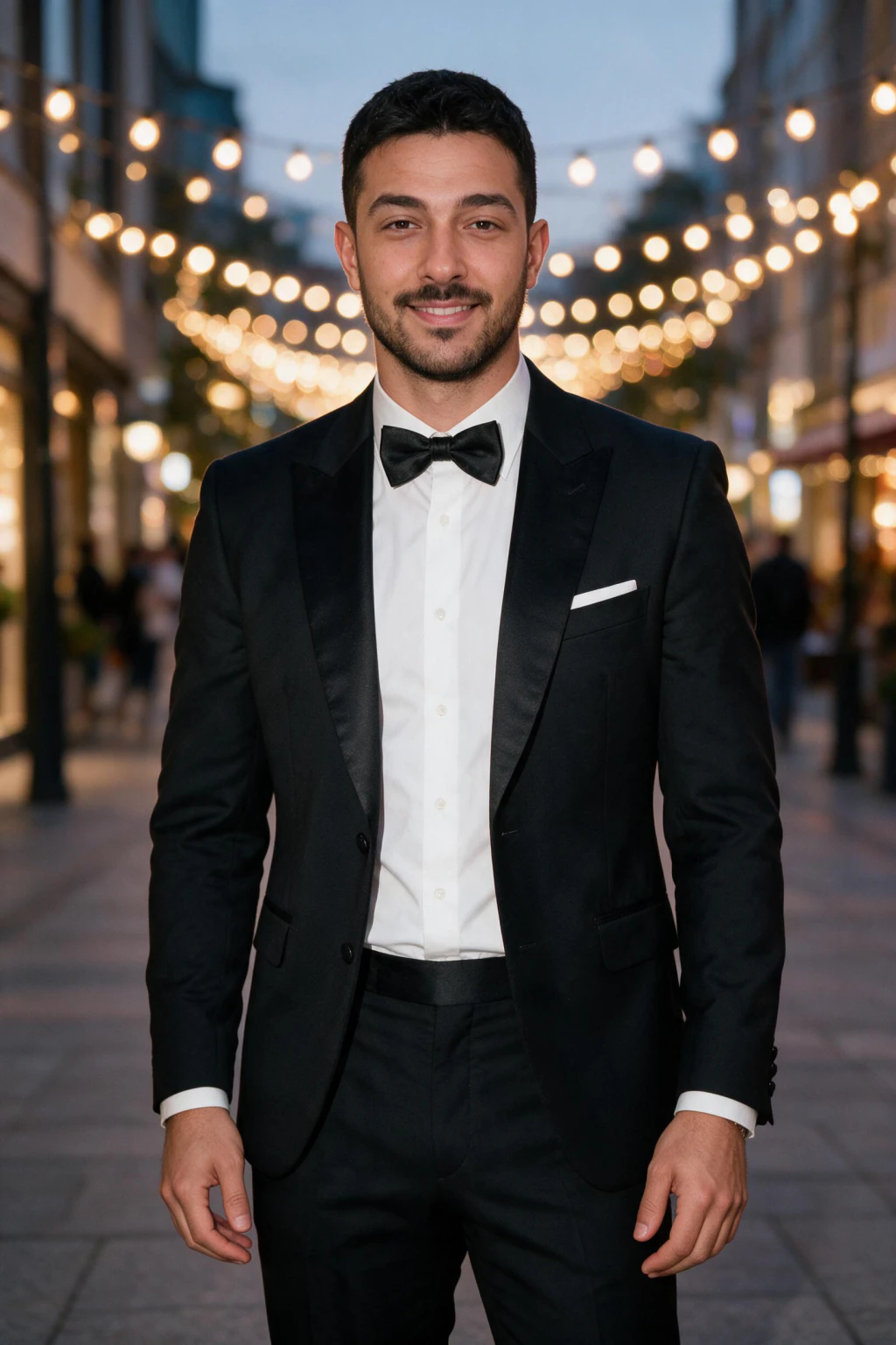 AI dating profile photo for Bumble: a night out portrait in city light, generated from one selfie