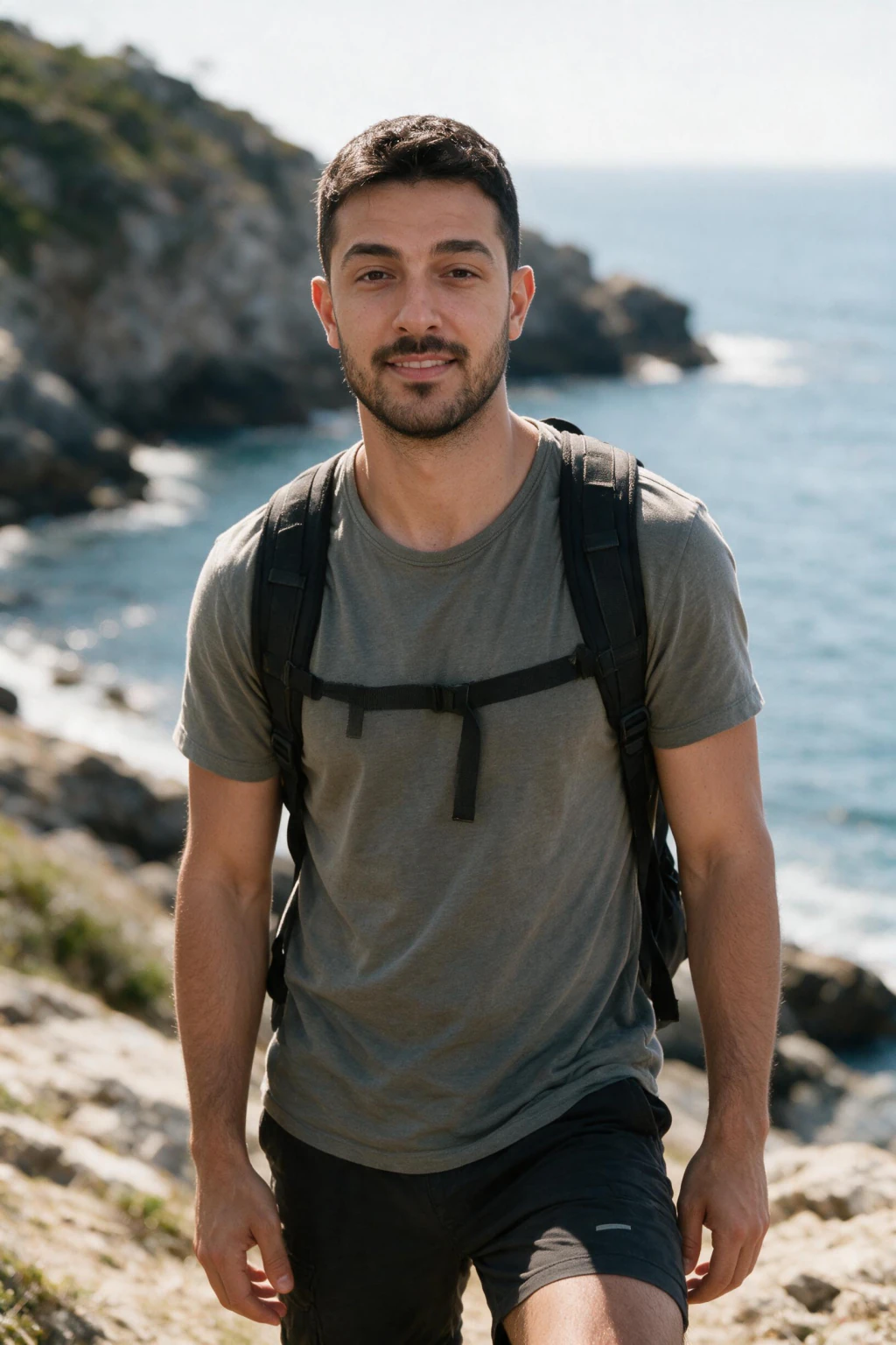 AI dating profile photo for Bumble: a travel portrait on a city street, generated from one selfie