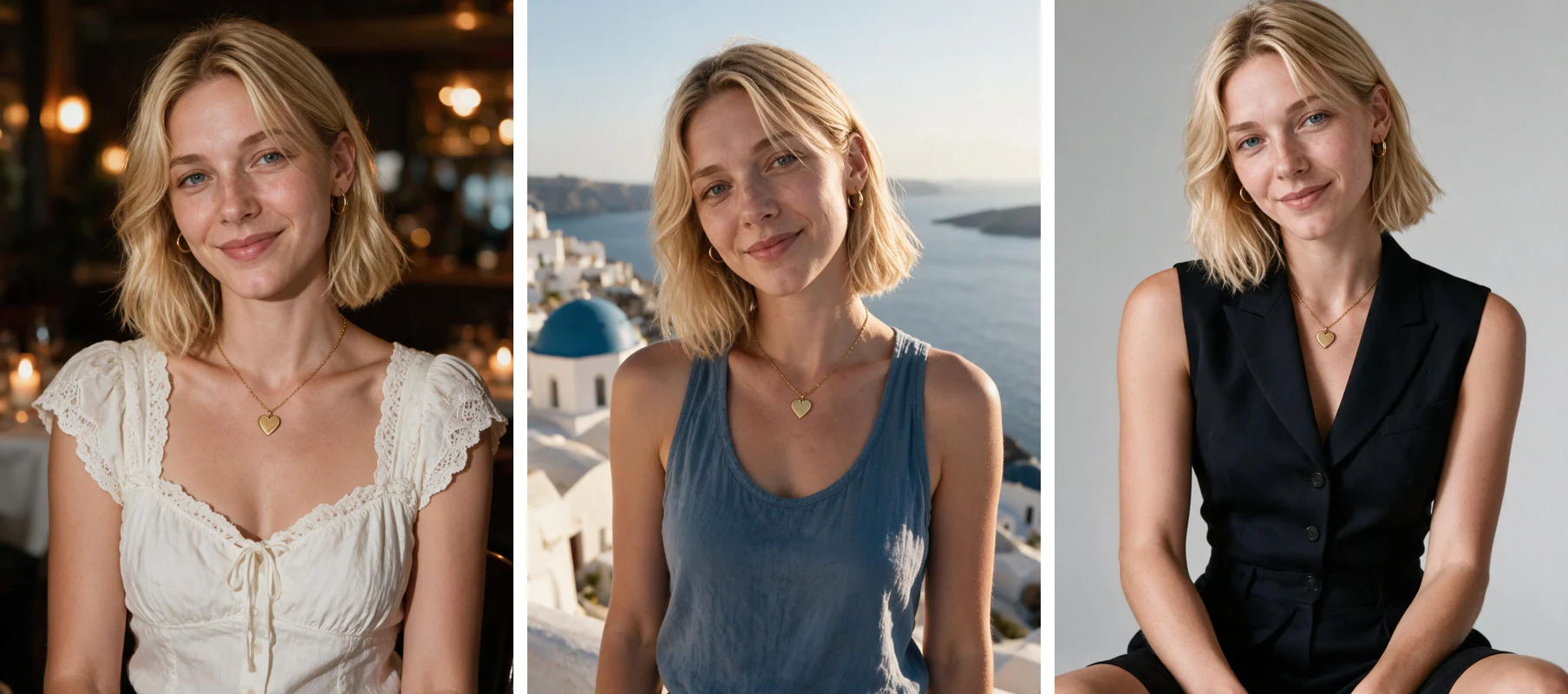 AI dating profile photo for Tinder: a six photo Hinge profile spread built from one selfie, generated from one selfie