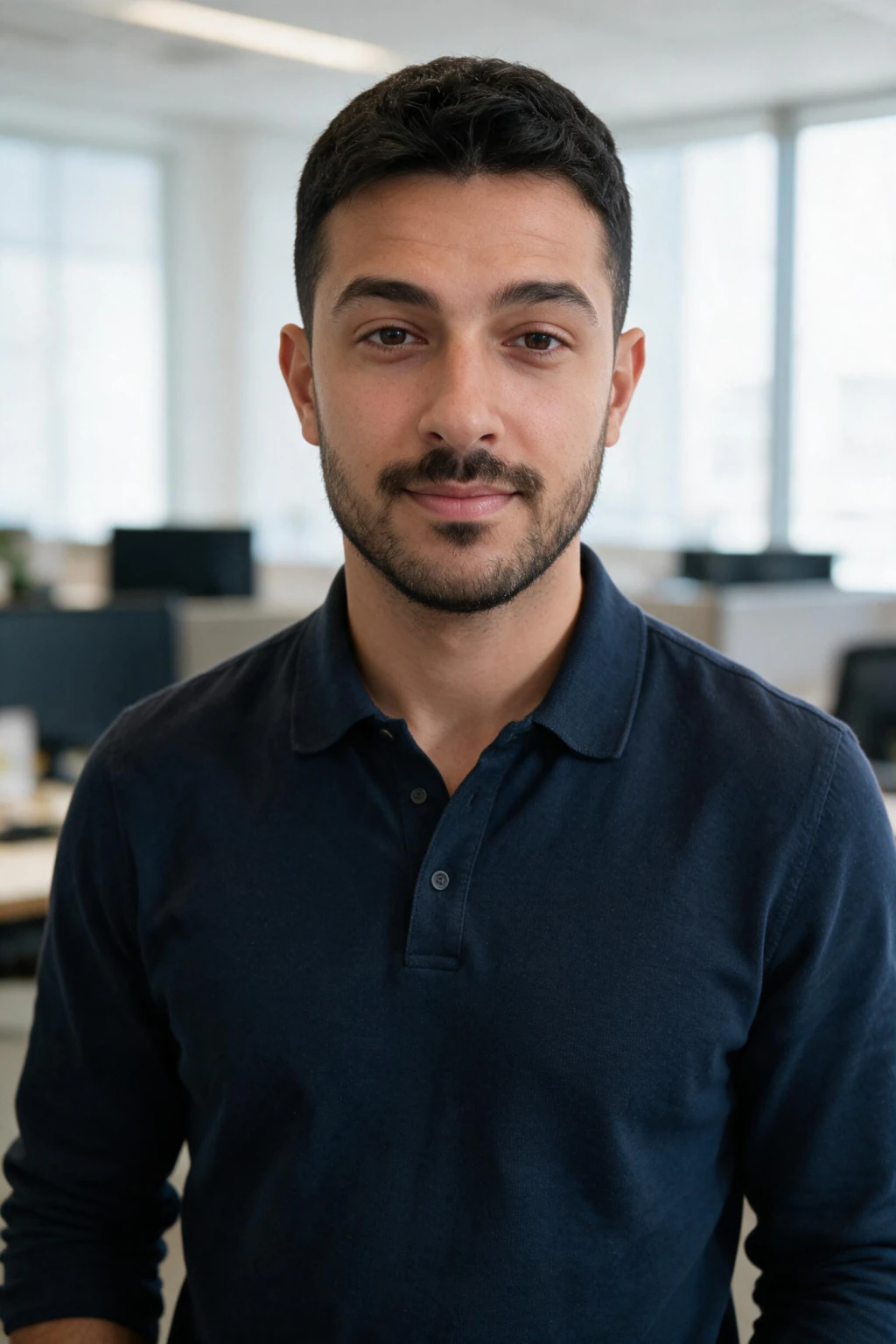 Realistic AI headshot: an office portrait with visible skin texture and one window light source