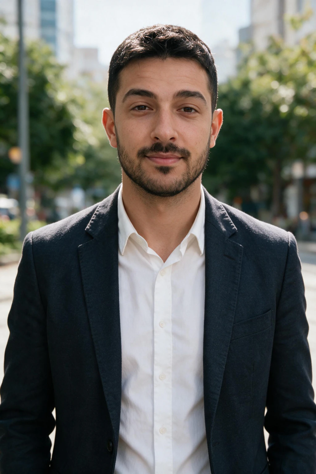 AI LinkedIn headshot: an outdoor daylight professional headshot, generated from one selfie