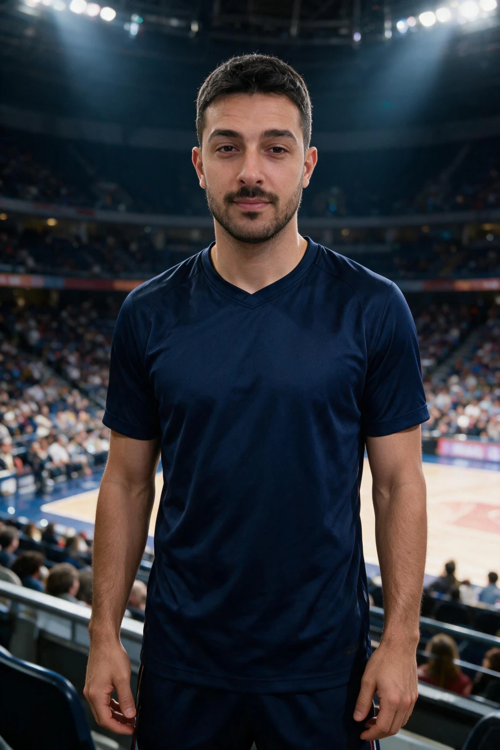 AI fan cam photo: a packed NBA arena bowl seen from the stands, generated from one selfie