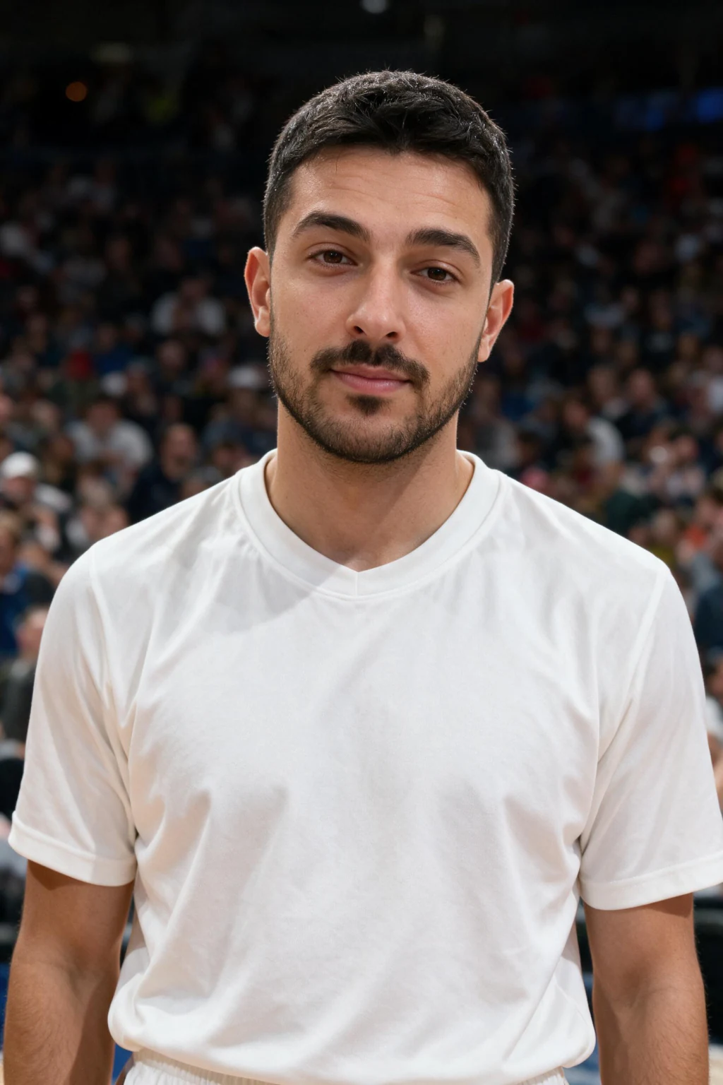 AI fan cam photo: a courtside NBA crowd cam frame, generated from one selfie
