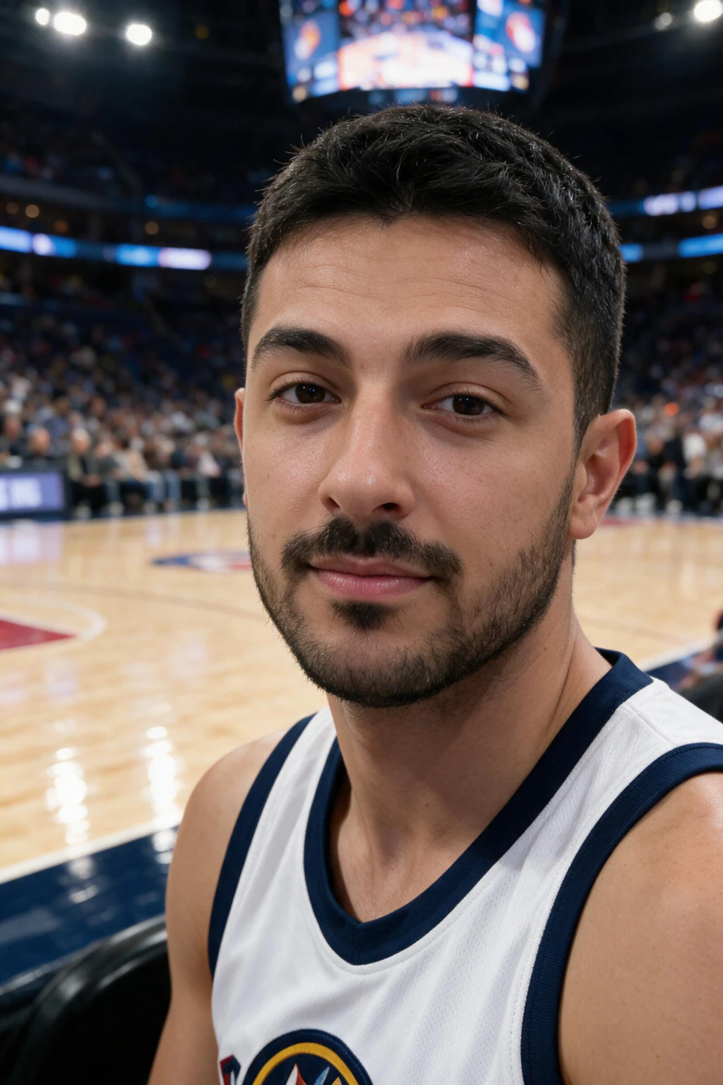 AI fan cam photo courtside at an NBA game, same face as the selfie