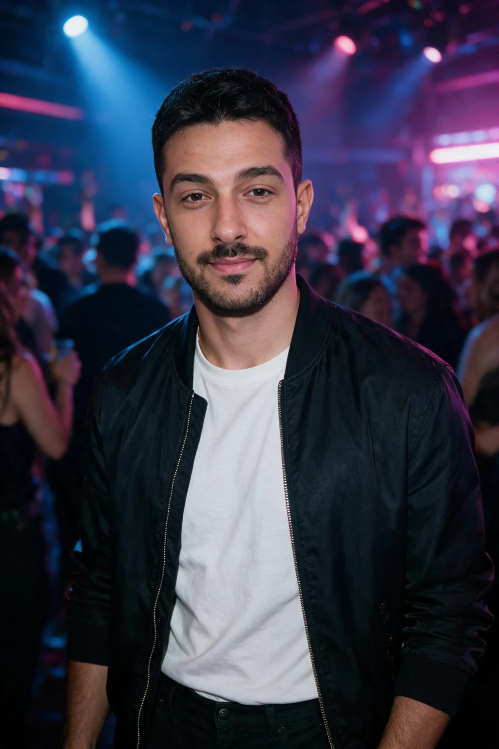 AI nightlife photo generated from one selfie: cocktail bar portrait under neon light