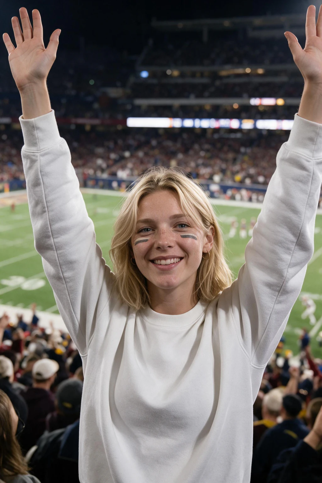 AI fan cam photo: a stadium crowd fan cam frame in team colours, generated from one selfie