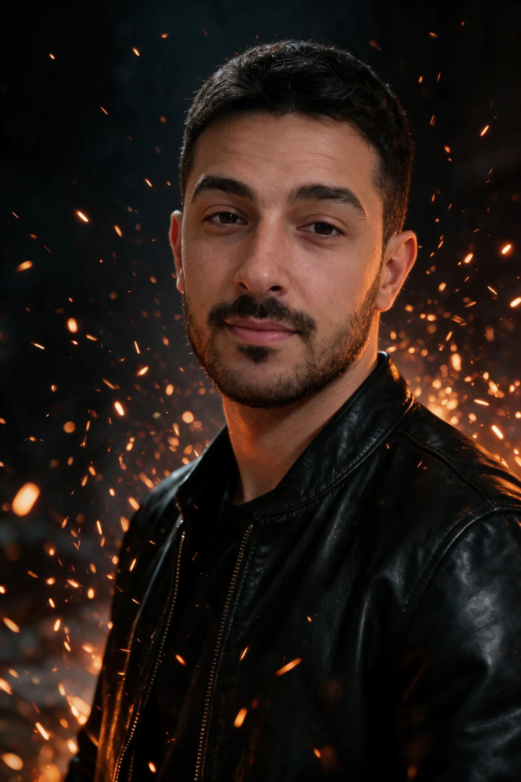 AI cinematic photo: a cinematic shot lit by fire sparks, generated from one selfie
