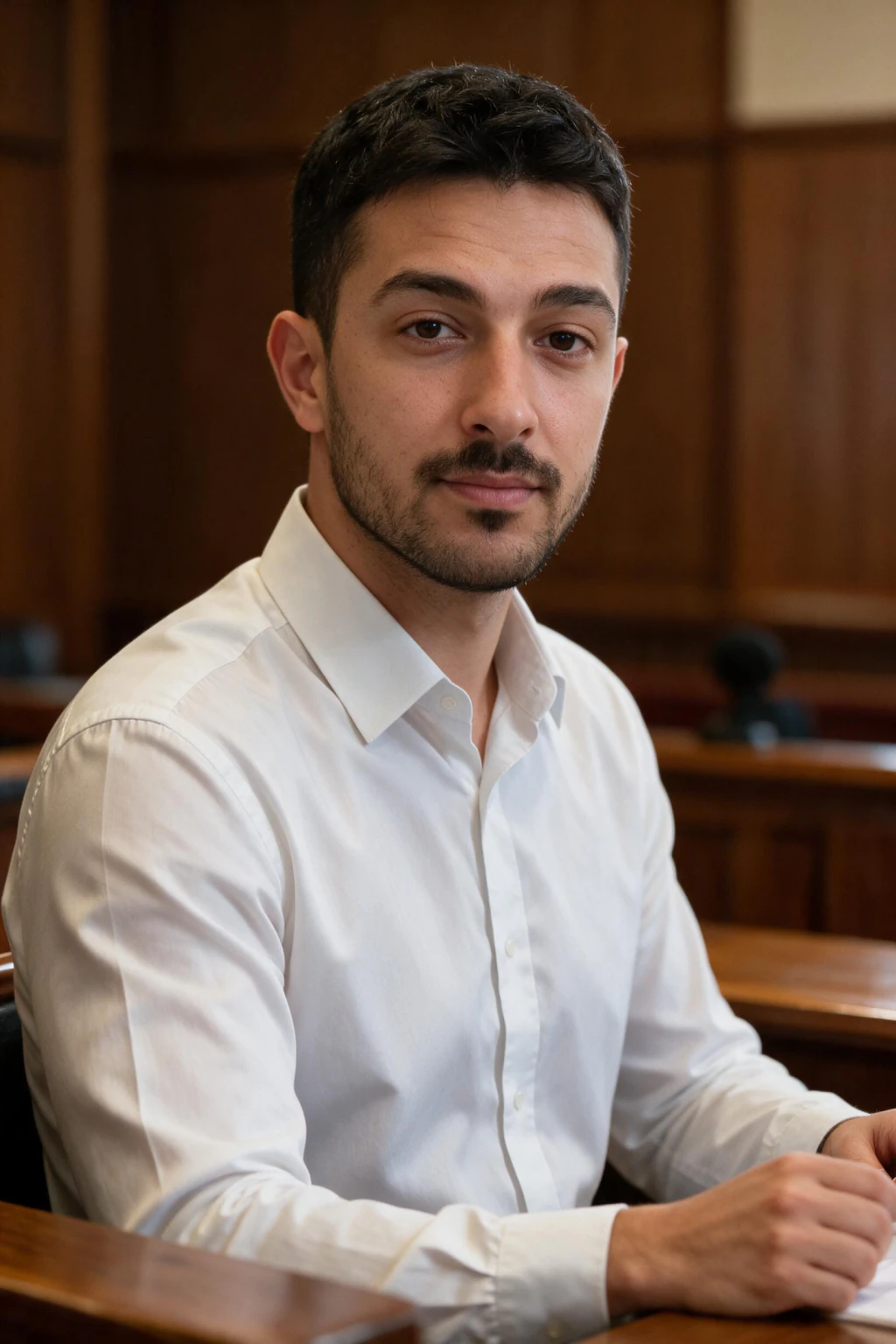 AI lawyer headshot: a courtroom advocate portrait, generated from one selfie
