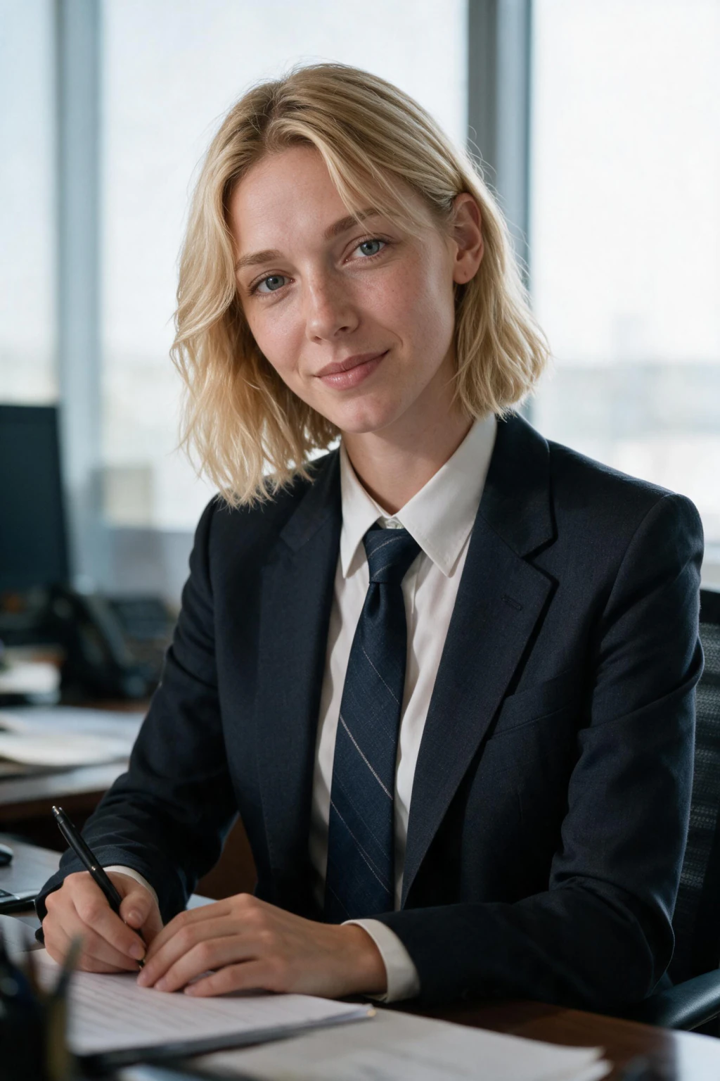 AI LinkedIn headshot: a business formal headshot at a desk, generated from one selfie