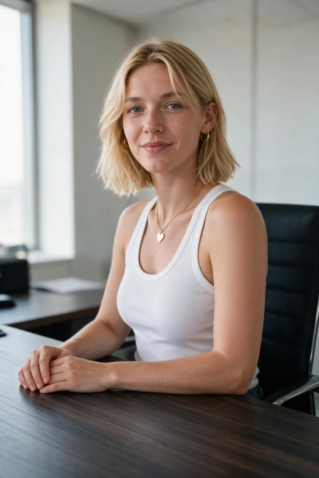 AI LinkedIn headshot: a corporate portrait at an office desk, generated from one selfie