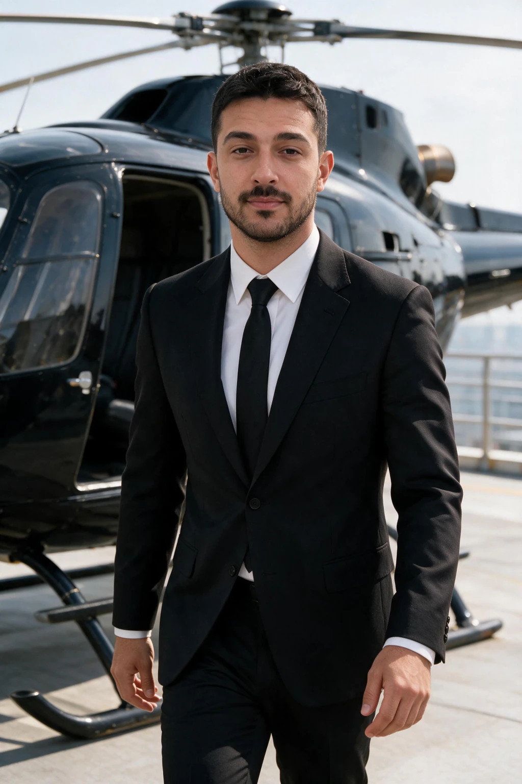AI luxury lifestyle photo: a portrait on a helipad beside a helicopter, generated from one selfie