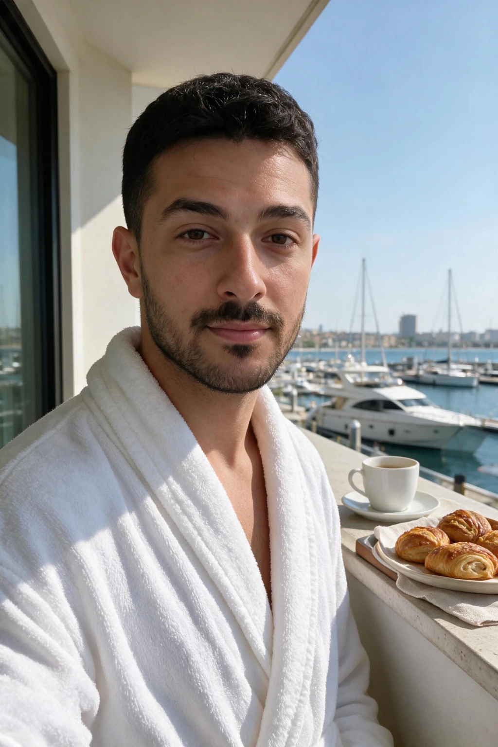 AI luxury lifestyle photo of a man having breakfast on a balcony overlooking a marina