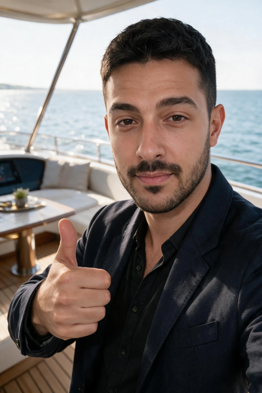 AI luxury lifestyle photo: a portrait on the deck of a yacht, generated from one selfie