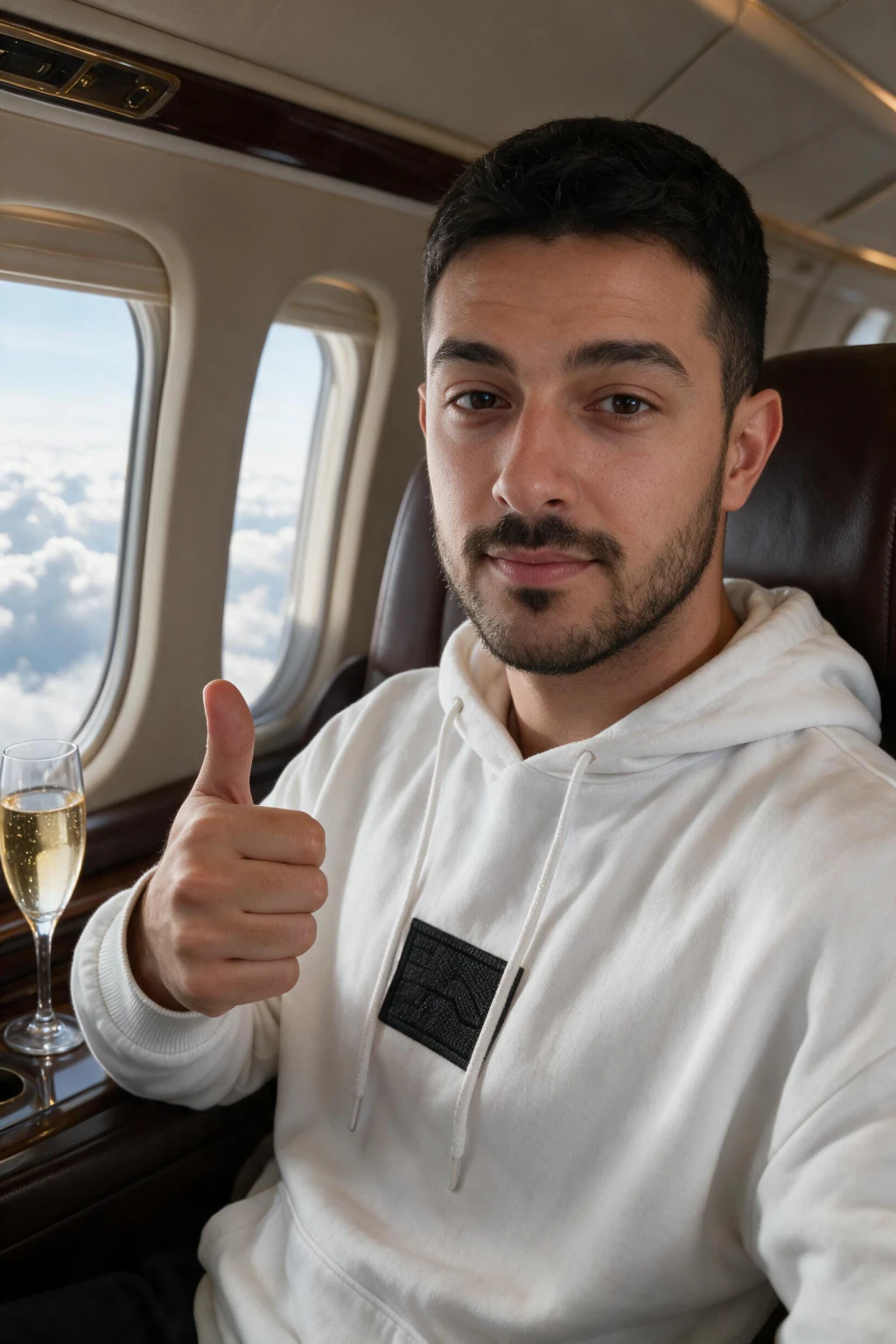 AI luxury lifestyle photo: a portrait inside a private jet cabin, generated from one selfie