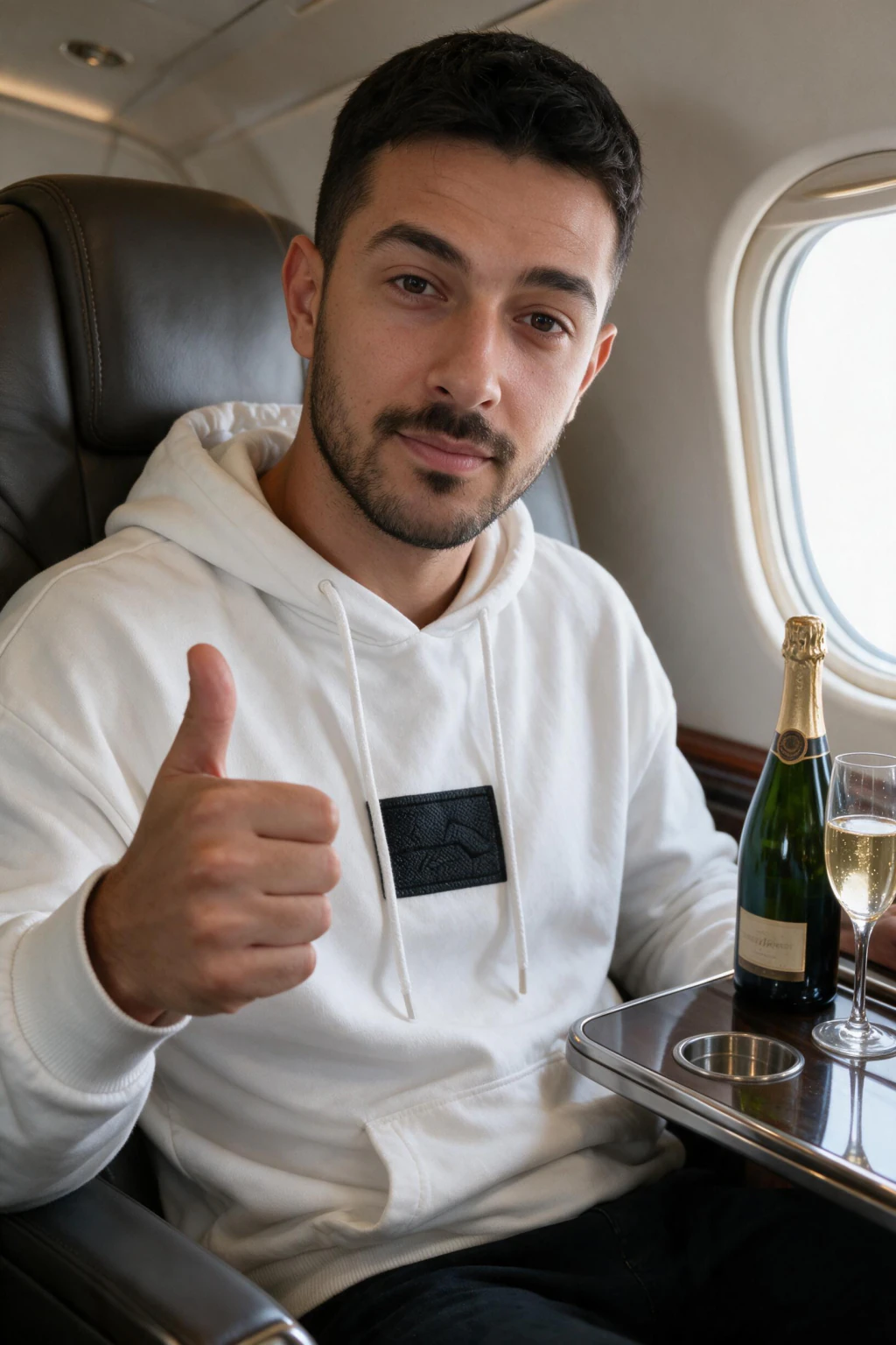 AI luxury lifestyle photo: champagne in a private jet cabin, generated from one selfie