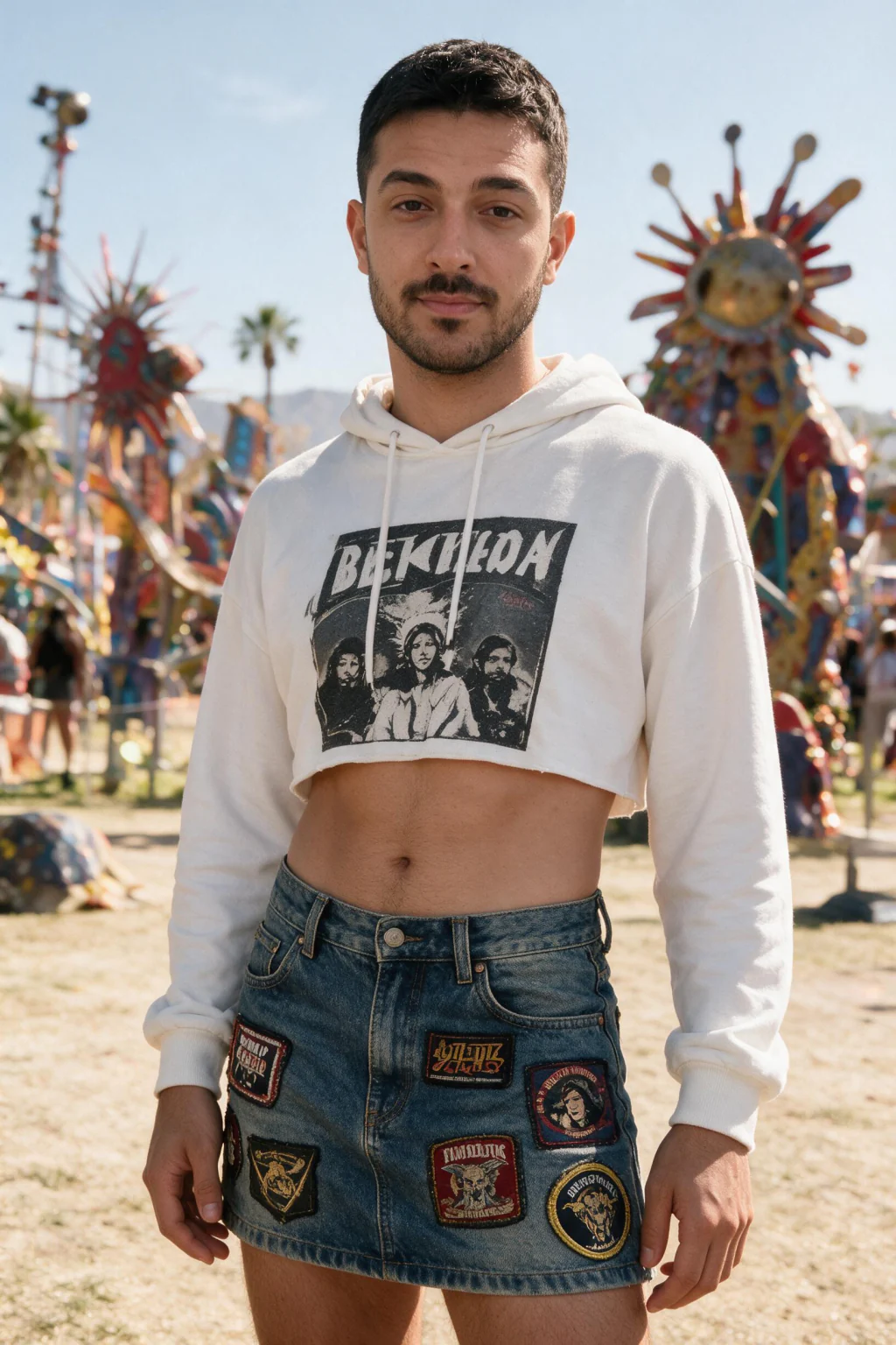 AI festival photo of a man in a denim festival outfit standing in the crowd during daylight