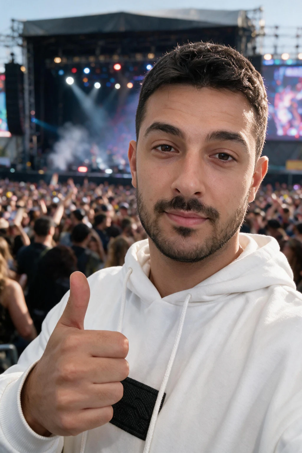 Main stage, spotlight energy: Front-of-stage festival moment, bold lights, crowd energy behind you.
