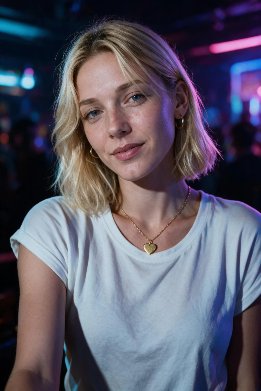 AI nightclub photo of a woman under magenta and cyan club neon with the crowd blurred behind her