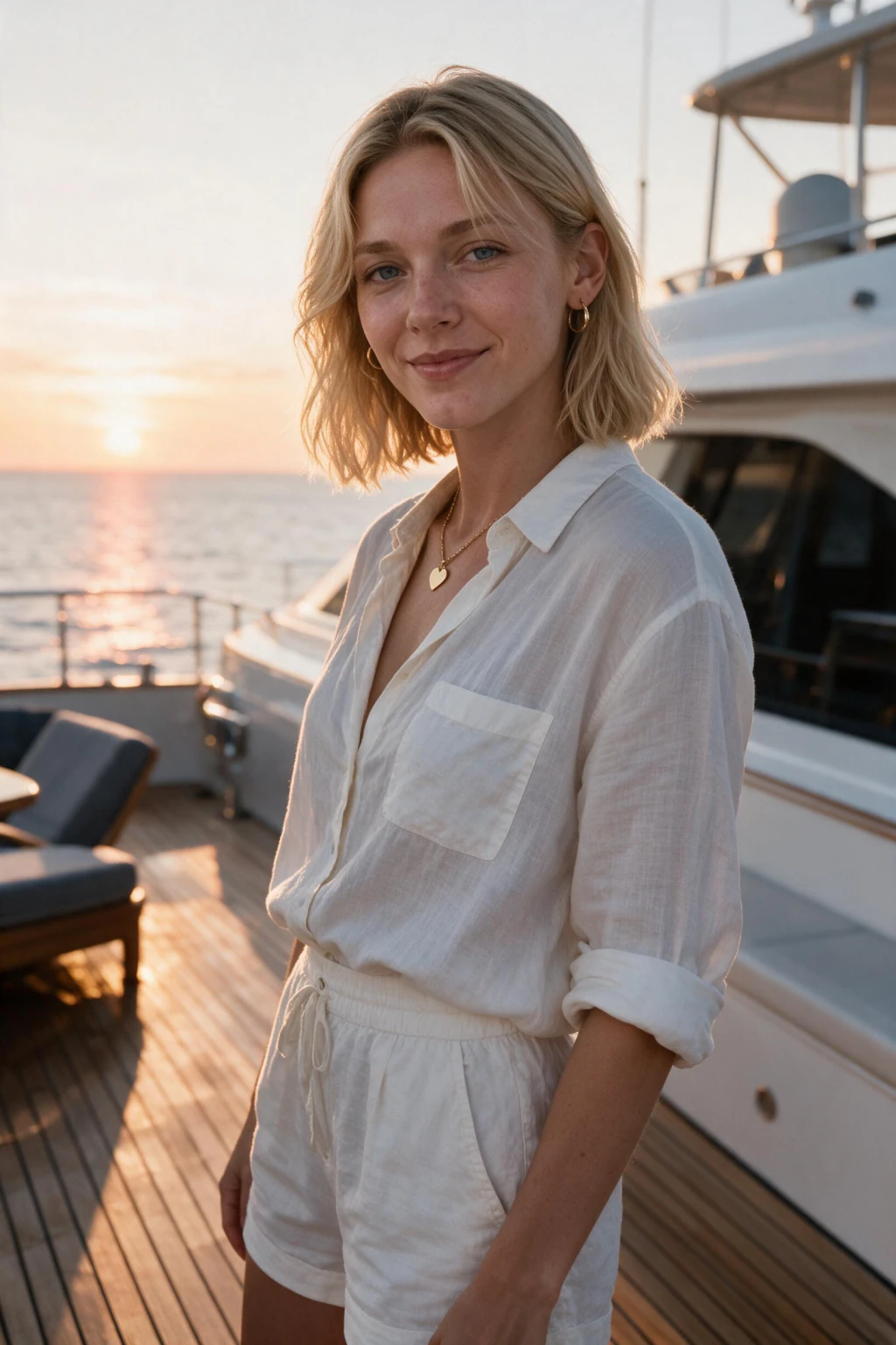 AI night out photo of a woman in a smart casual outfit on a yacht deck after dark