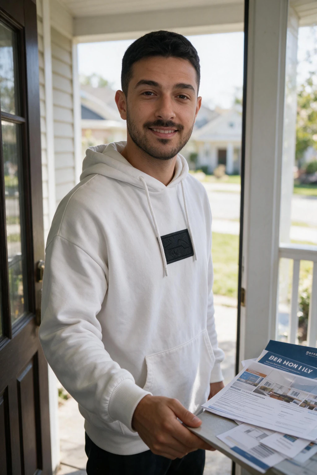 AI realtor headshot: an agent welcoming visitors at an open house, generated from one selfie