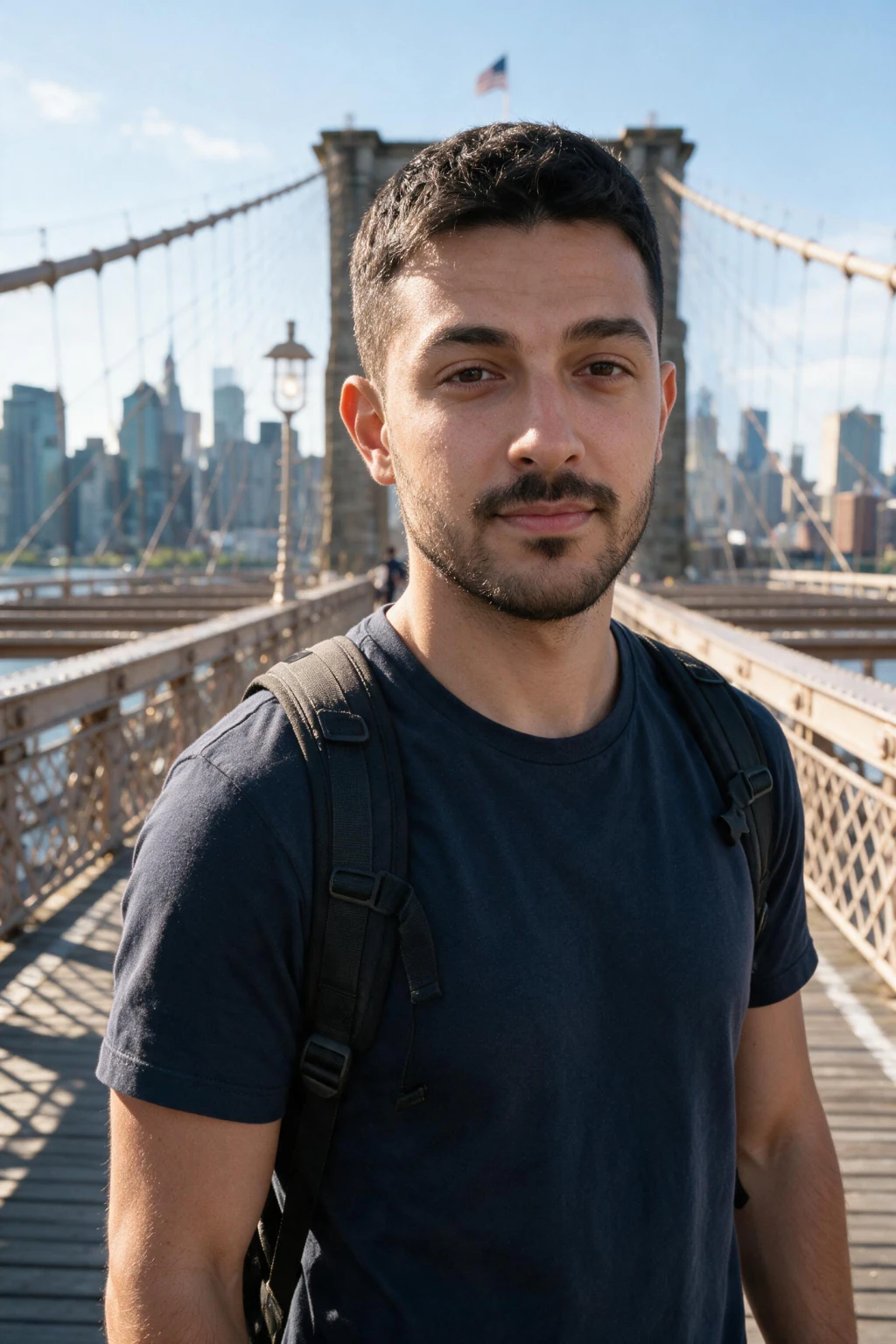 Vertical Reels cover idea: full length walking shot on a city bridge in flat daylight with cables behind