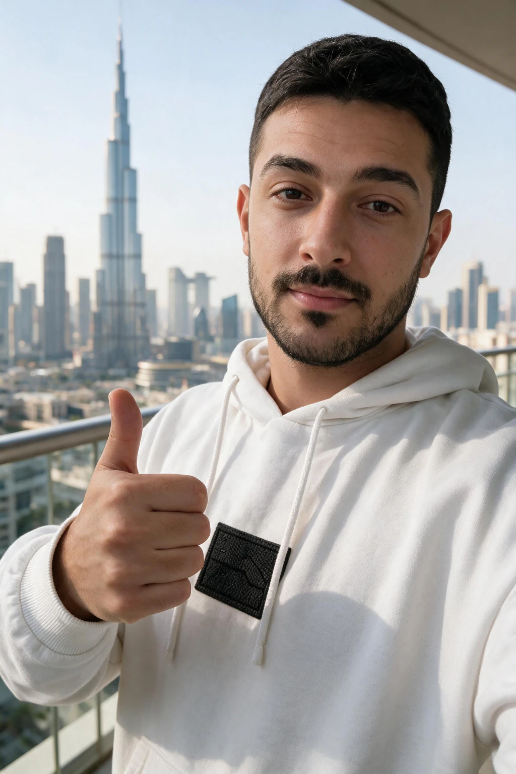 AI photo of yourself: a travel portrait against the Dubai skyline, generated from one selfie