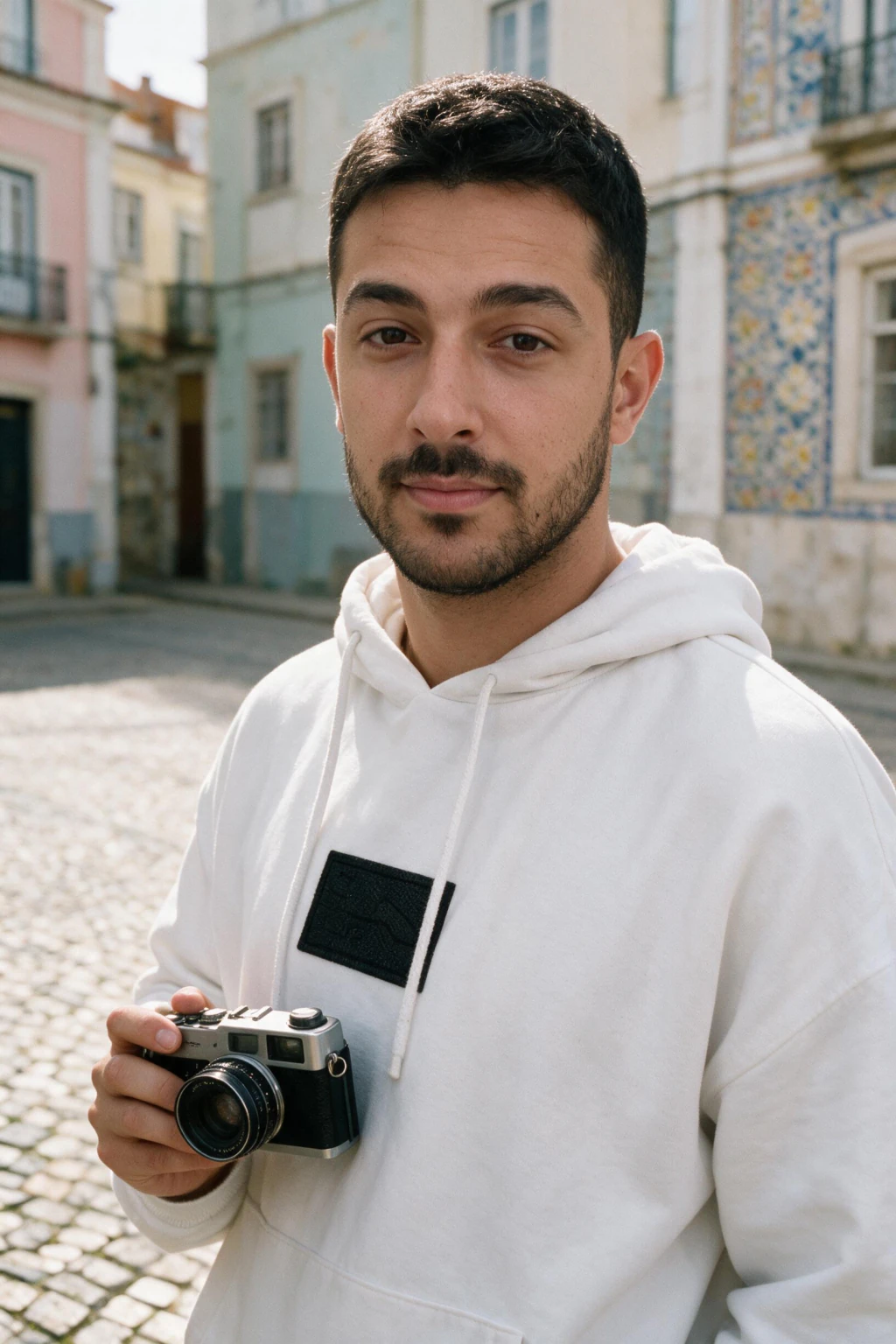 AI photo of yourself: a travel portrait in a European old town, generated from one selfie