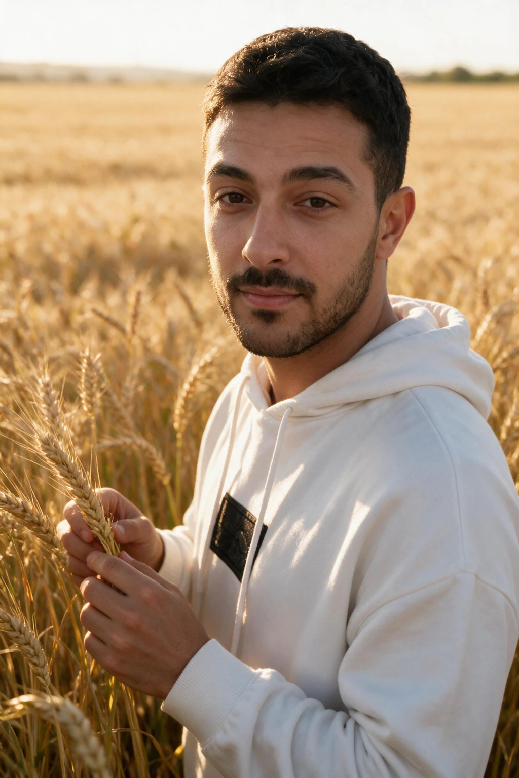 Wheat field, golden hour: Standing in a wide field of wheat, hands brushing grass, warm golden hour light.