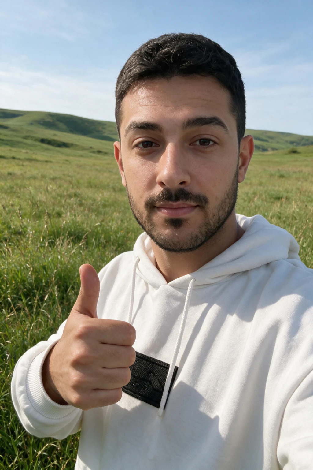 Open meadow, wide landscape shot: Full body in an open green meadow, wild grass, distant hills and sky.