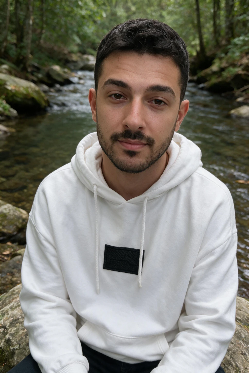 Sitting on a rock near a river: Sitting on a large rock by a shallow river in a forest, overcast daylight.