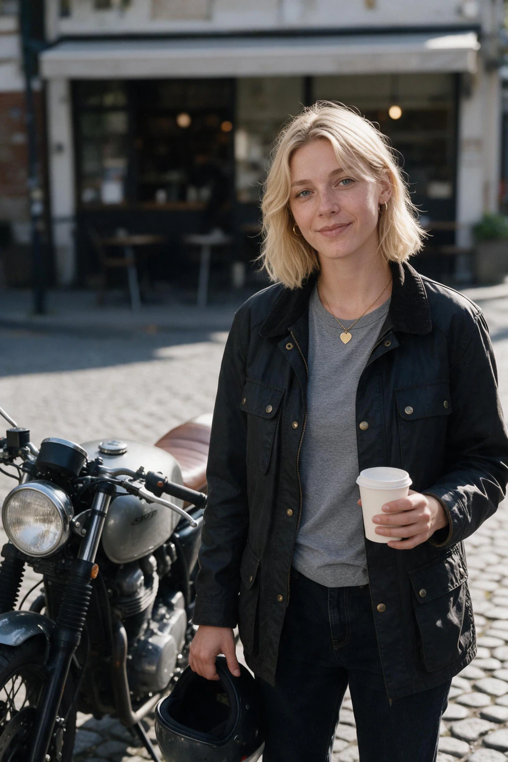 AI Car Photos of Yourself: 10 Car and Motorcycle Looks From One Selfie: cafe racer street example, generated from one selfie | MakeAiPhotos