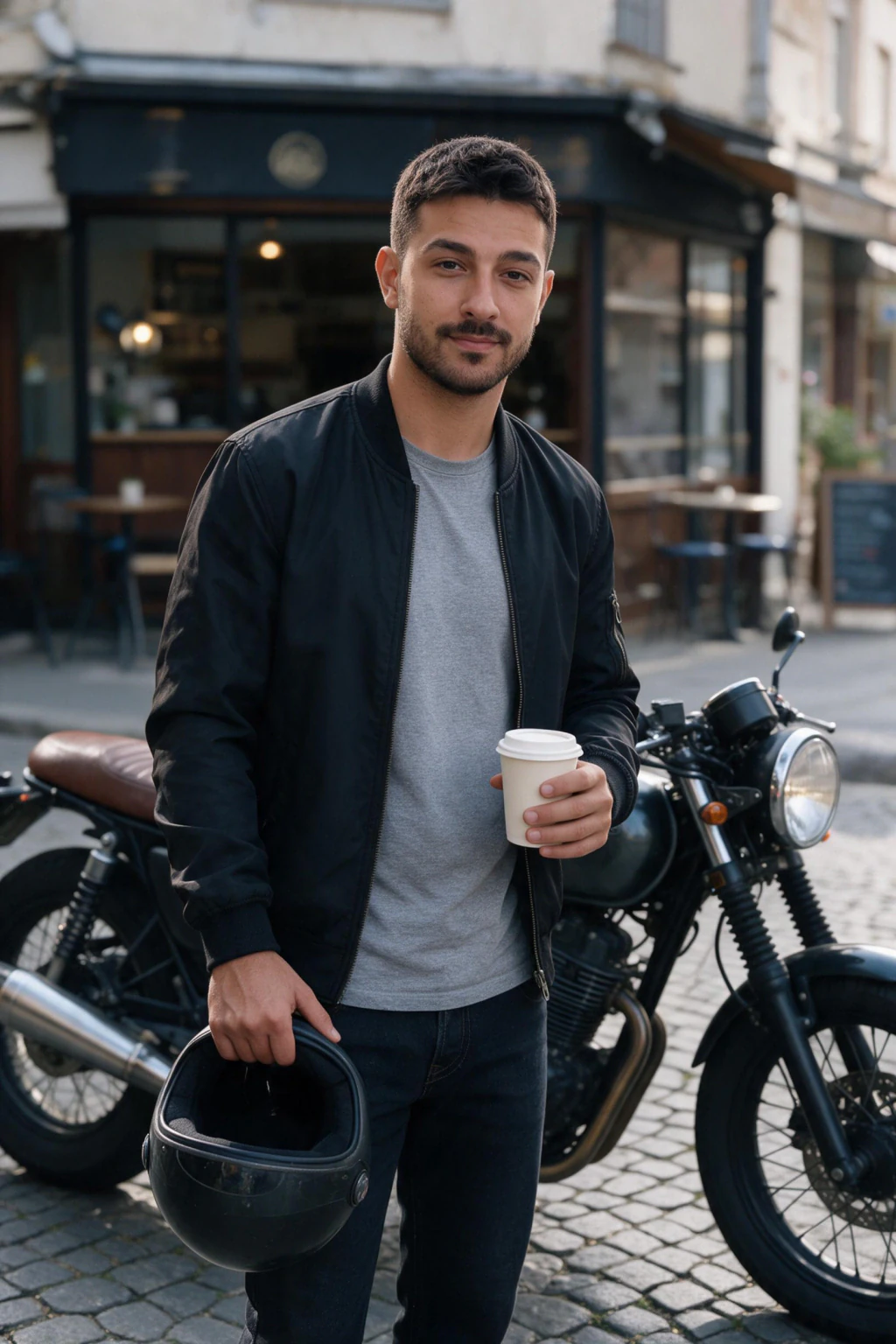 AI Car Photos of Yourself: 10 Car and Motorcycle Looks From One Selfie: cafe racer street example, generated from one selfie | MakeAiPhotos