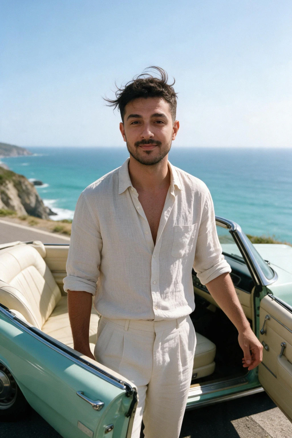 AI Car Photos of Yourself: 10 Car and Motorcycle Looks From One Selfie: classic convertible coast example, generated from one selfie | MakeAiPhotos
