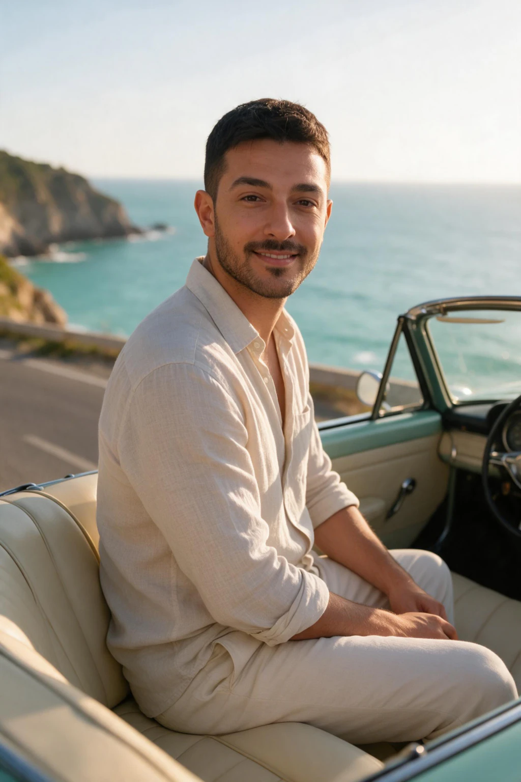 Man seated on the rear deck of an unbadged mint 1960s-style convertible at golden hour, three-quarter rear angle on a cliffside coastal road, generated from one selfie