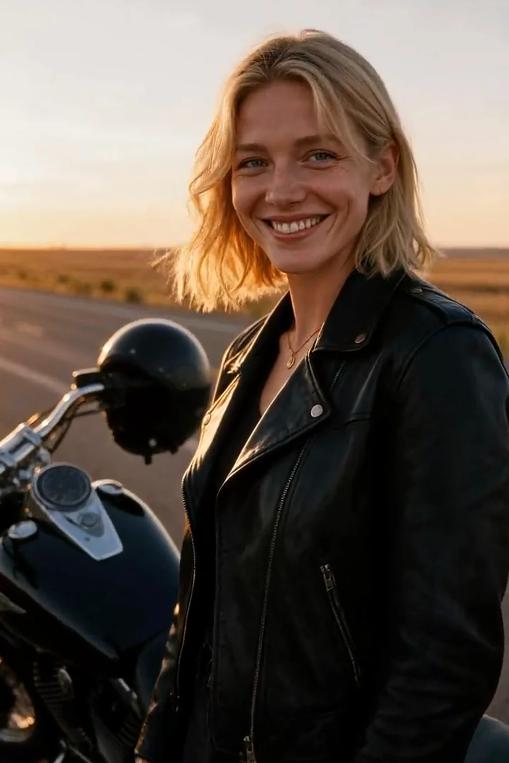 AI Car Photos of Yourself: 10 Car and Motorcycle Looks From One Selfie: cruiser highway sunset example, generated from one selfie | MakeAiPhotos