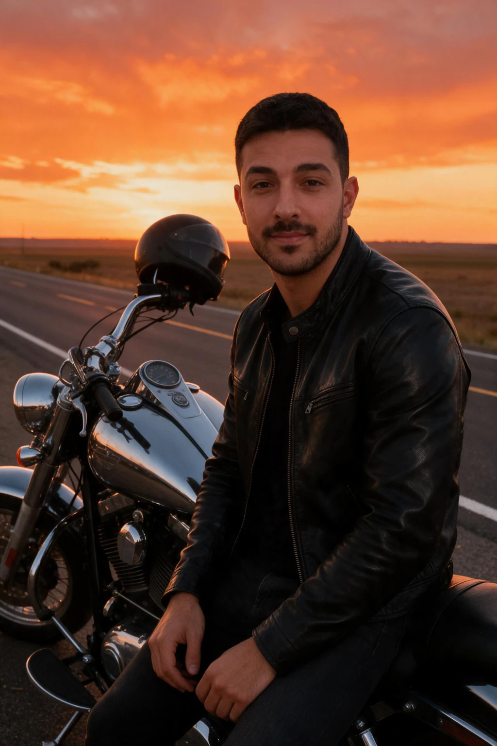 AI Car Photos of Yourself: 10 Car and Motorcycle Looks From One Selfie: cruiser highway sunset example, generated from one selfie | MakeAiPhotos