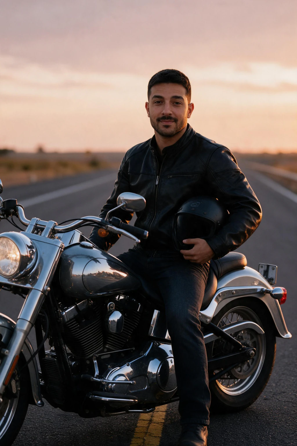 AI cruiser motorcycle photo generated from one selfie: seated on a parked heavyweight cruiser, both boots on the ground, engine off, sunset rim light