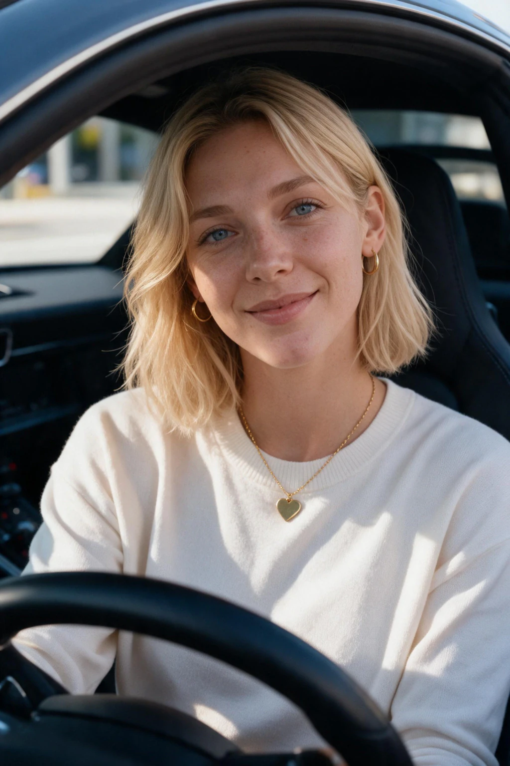 AI Car Photos of Yourself: 10 Car and Motorcycle Looks From One Selfie: driver seat selfie example, generated from one selfie | MakeAiPhotos
