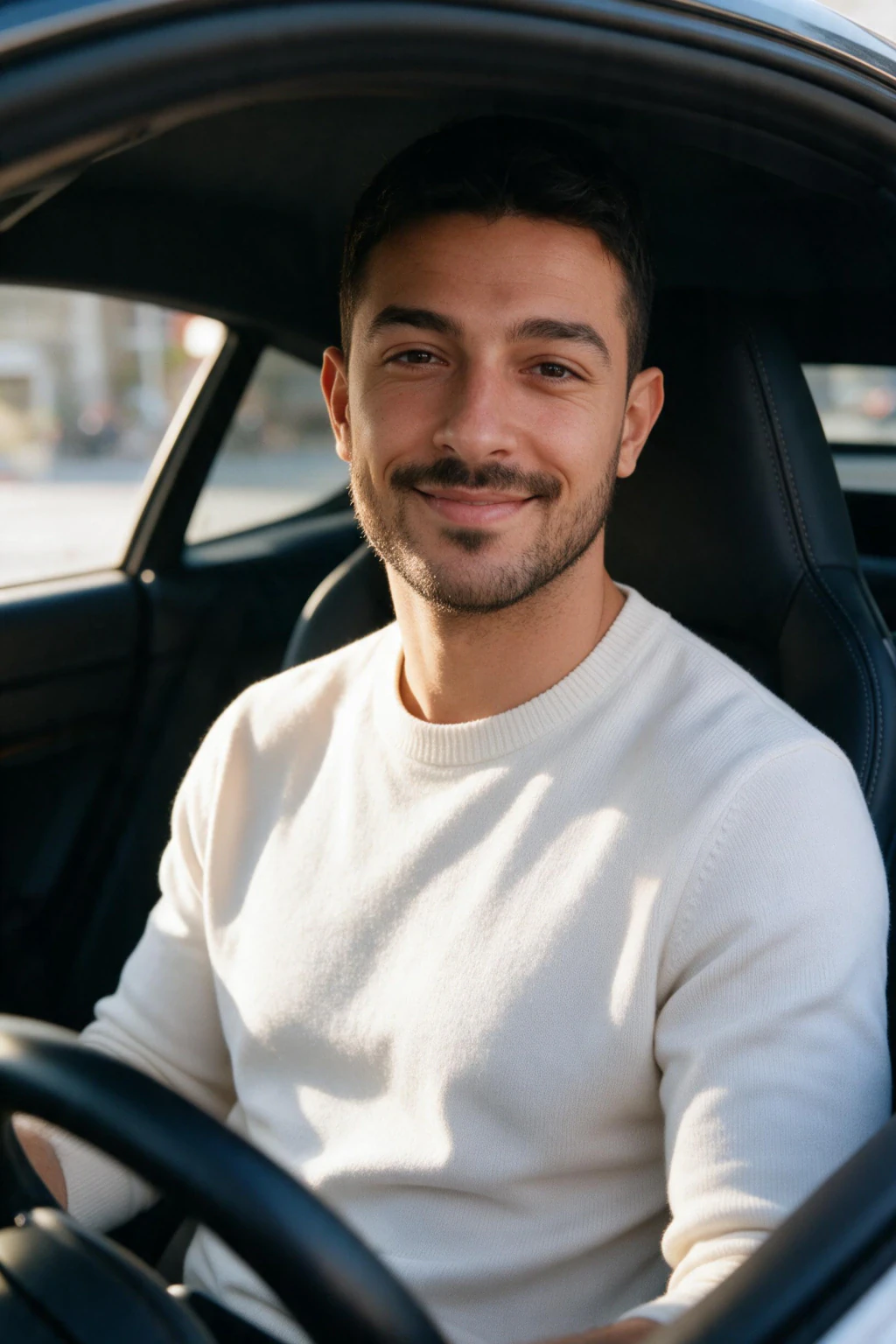 AI Car Photos of Yourself: 10 Car and Motorcycle Looks From One Selfie: driver seat selfie example, generated from one selfie | MakeAiPhotos