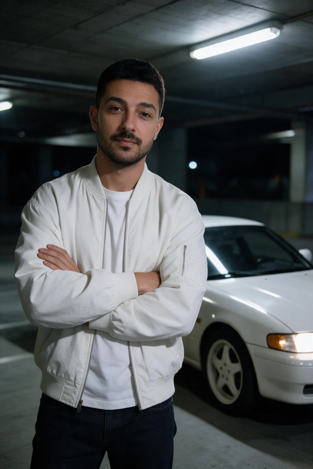 AI Car Photos of Yourself: 10 Car and Motorcycle Looks From One Selfie: jdm parking garage example, generated from one selfie | MakeAiPhotos