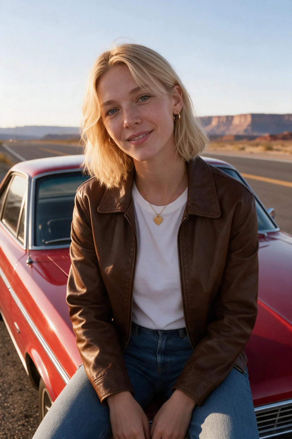 AI muscle car photo generated from one selfie: leather jacket on the hood of an unbadged classic muscle car, desert highway behind