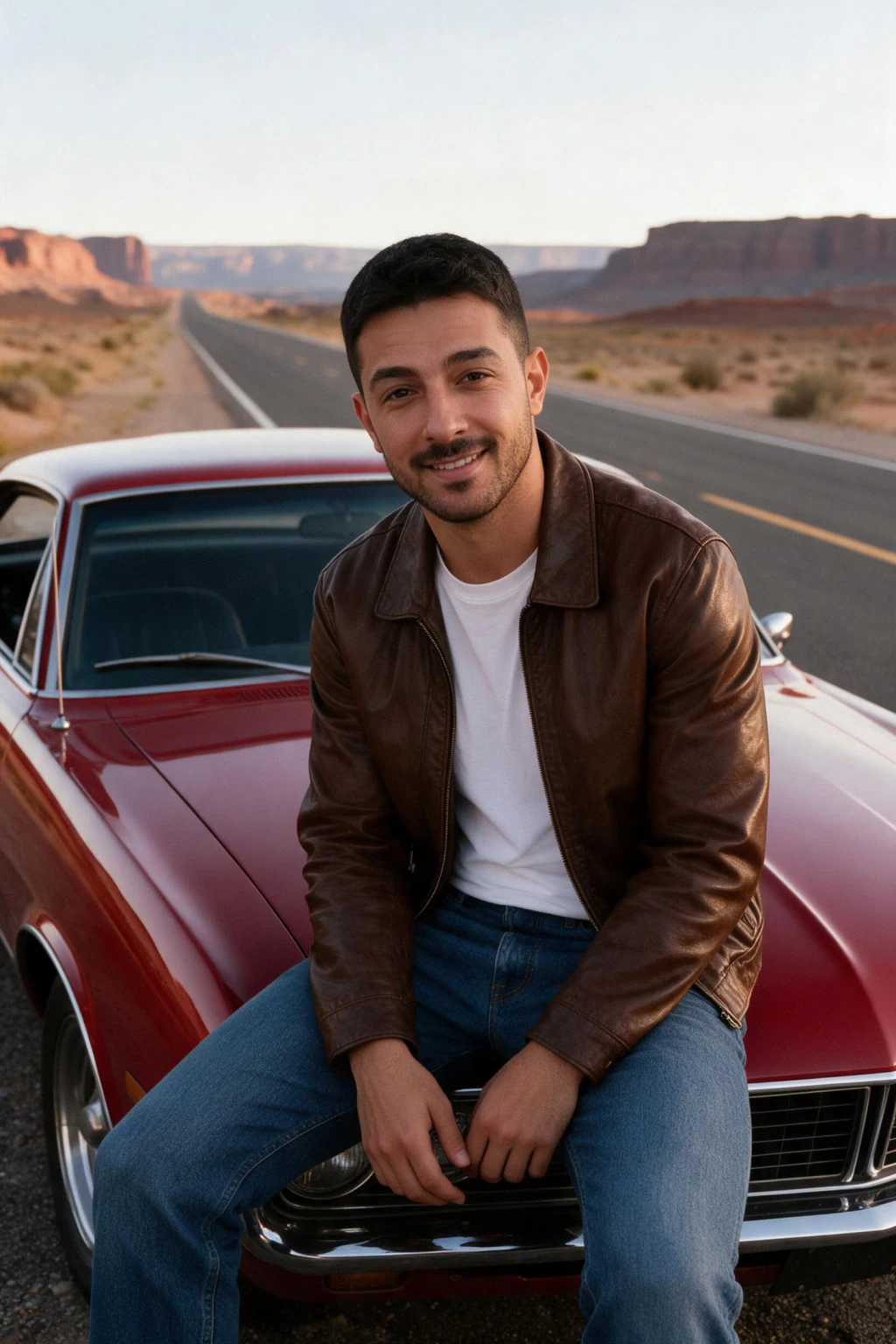 AI car photo generated from one selfie: sitting on the hood of an unbadged classic muscle car on a desert road at golden hour