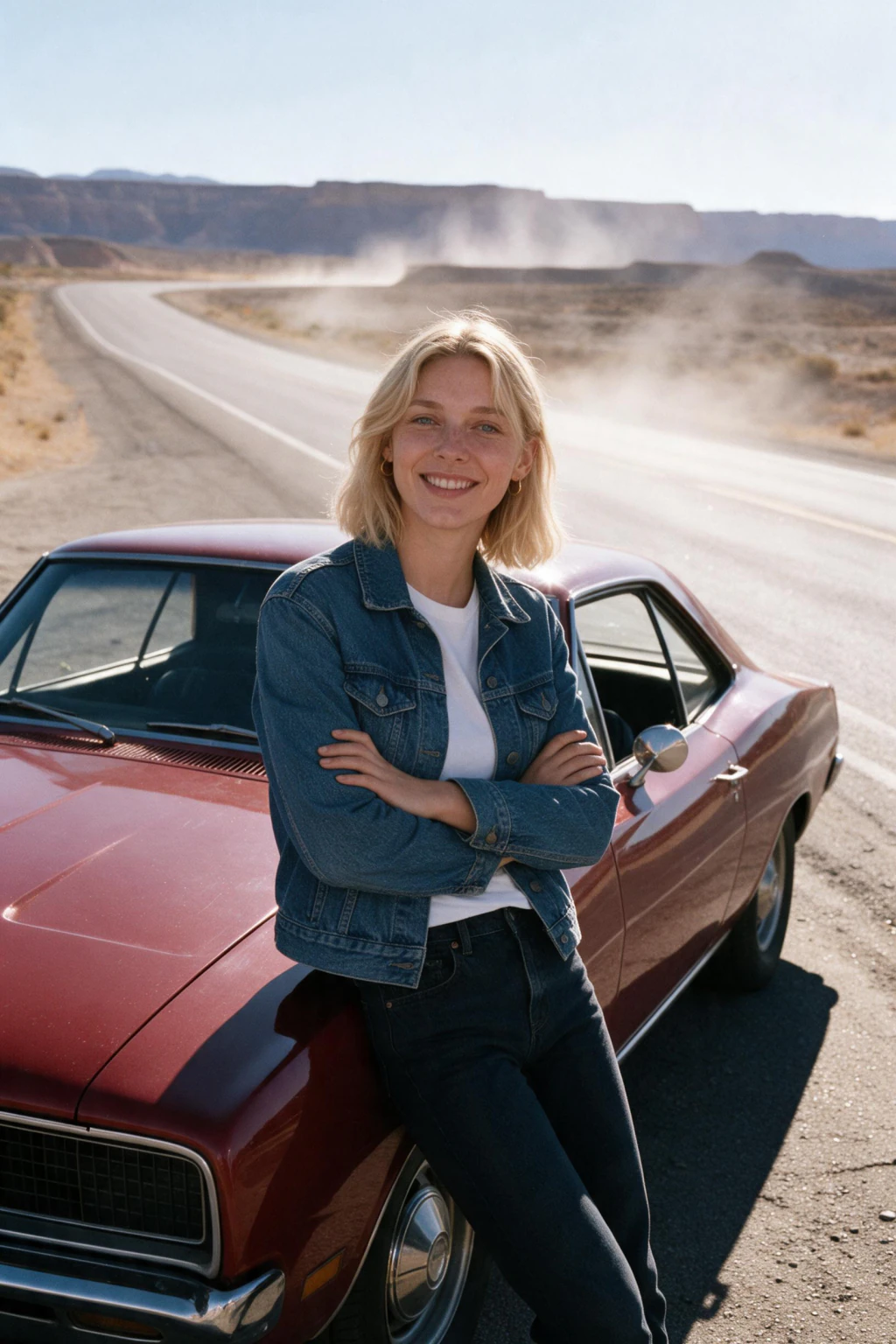 AI muscle car photo generated from one selfie: woman leaning on the driver door of an unbadged 1960s-style muscle car at midday, heat shimmer on the desert road, plain denim jacket