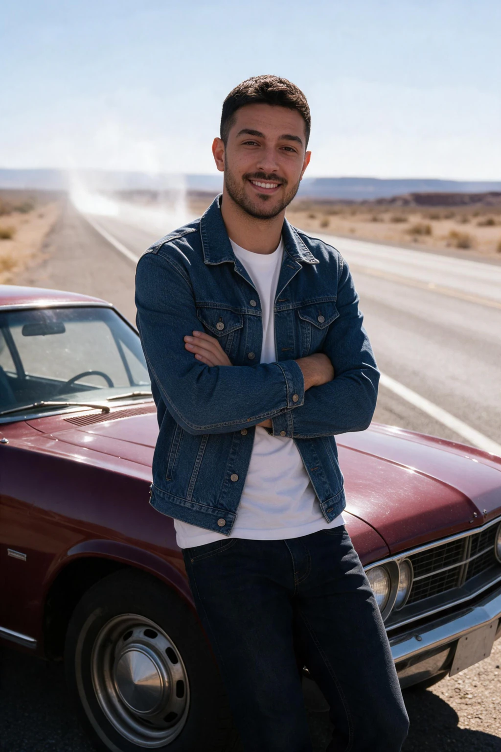 AI muscle car photo generated from one selfie: man leaning on the driver door of an unbadged 1960s-style muscle car at midday on an empty desert highway, plain denim jacket and tee